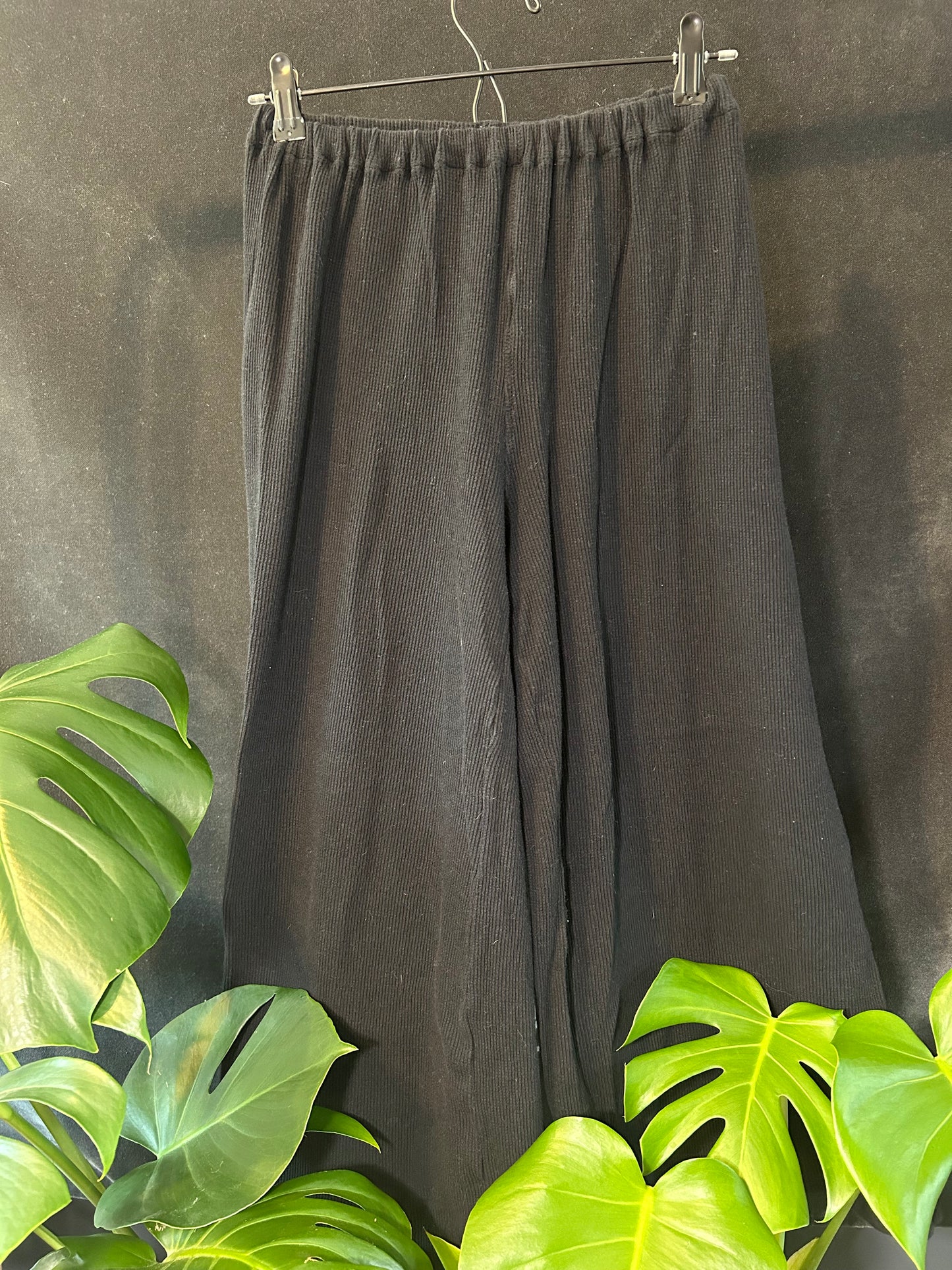 Black Cotton Waffle Wide Leg Pants